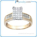 Mens Square Shaped Finger Rings Prong Set CZ Diamonds Copper Rings with Gold Plating